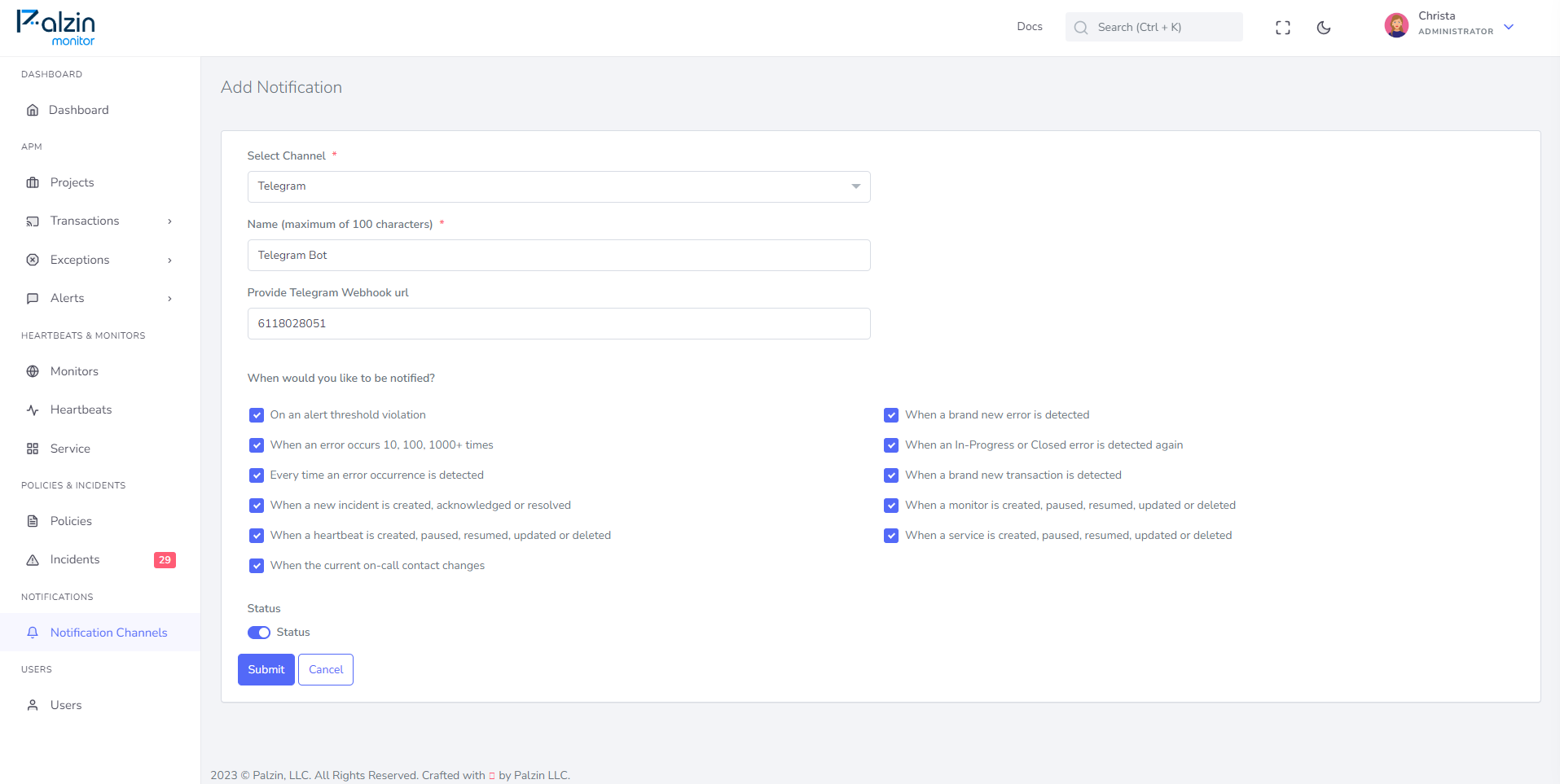 Telegram Channel Configuration